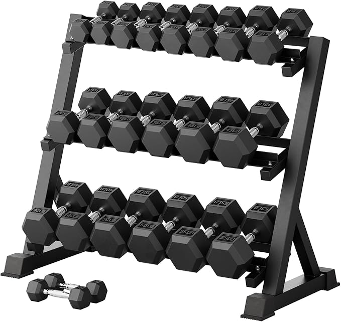RitFit Rubber Coated Hex Dumbbell Set with Rack, 5-780LB for Home Gym Strength Training, Anti-Slip Knurled Handle, Hexagon Anti-Roll, Heavy-Duty Storage Rack