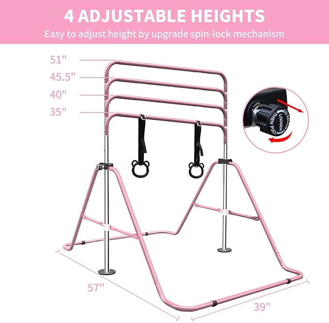 Anwick Gymnastics Bar for Kids - Height Adjustable Horizontal Monkey Bars with Rings, Folding Training Equipment for Indoor Outdoor Home Gym, Kids Exercise Pull Up Bar