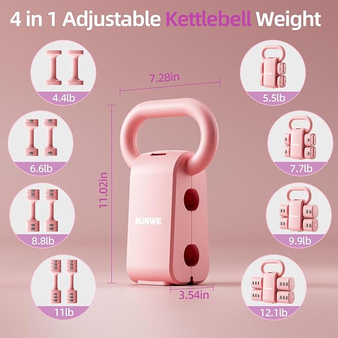 RUNWE 4 in 1 Adjustable Dumbbell Kettlebell Set for Women, Kettlebell Grip Converter, 2.2-5.5lb Fast Adjust Hand Weights for Postpartum Recovery & Beginner Strength Training, Pink, Space-Saving Home Gym