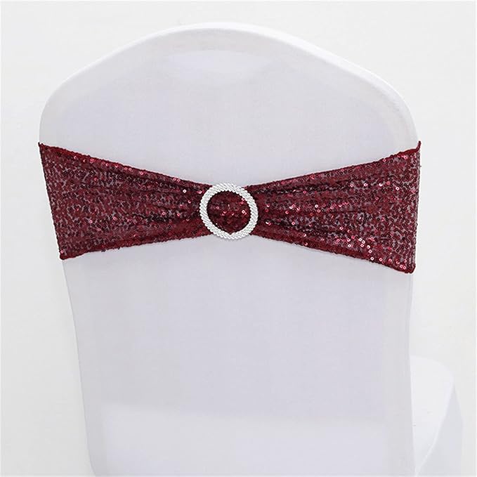 Dimatic 50 PCS Stretch Sequin Chair Sashes Chair Stretchy Spandex Bands for Wedding Reception Events Banquets Chairs Decoration (Burgundy)