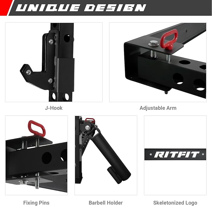 RitFit 2.36'' x 2.36'' Folding Squat Rack for Home Gym, Wall Mounted Squat Rack with Attachments - Space Saving Squat Power Rack