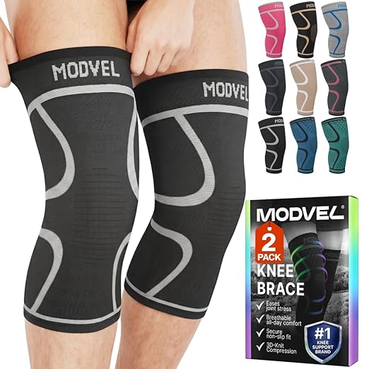 Modvel 2 Pack Knee Brace for Women & Men - Knee Support for Walking, Knee Compression Sleeves for Pain Relief, Knee Sleeves for Women, Knee Sleeves for Men, Knee Brace for Sports, Workouts & Arthritis