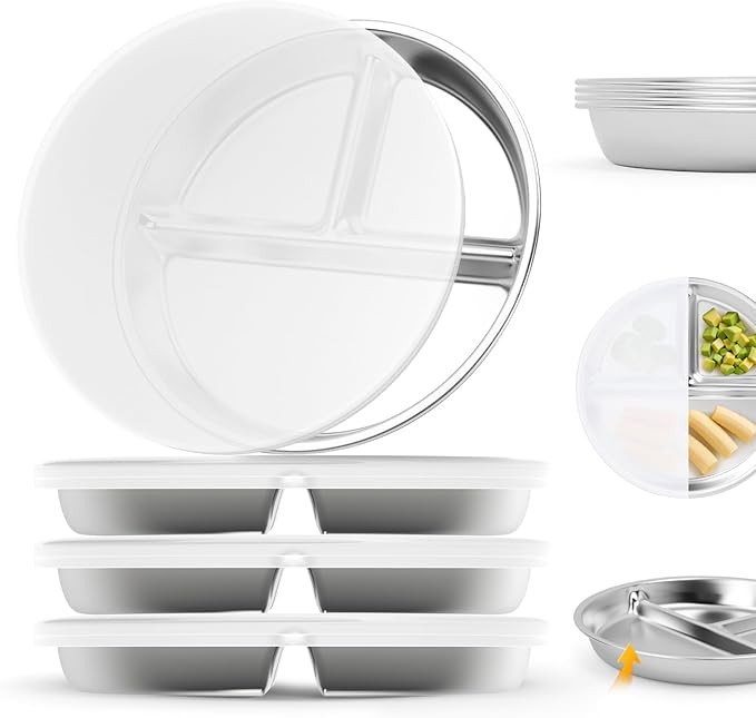 Stainless Steel Kids Plates with Lid 4 Packs, Deepened 9" Portion Control Plate Divided Plate for Adults Bariatric Weight Loss & Diabetic Diet, Non Toxic Unbreakable Toddlers Lunch Dishes