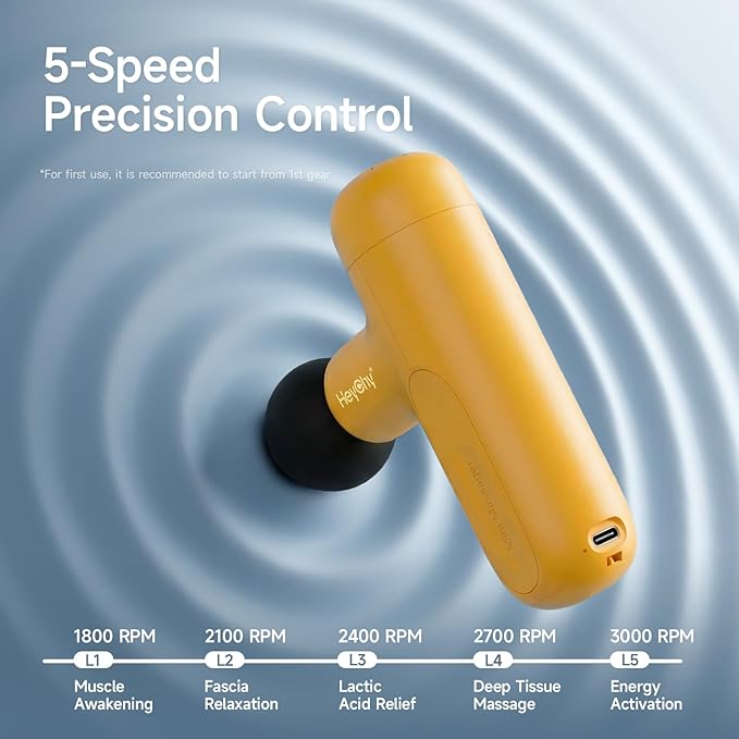HEYCHY Super Mini Massage Gun Deep Tissue, Handheld Percussion Muscle Massager with 4 Heads, Travel Size Massager Gun for Men & Women Back Pain Relief, Quiet for Home, Gym, Office, Yellow