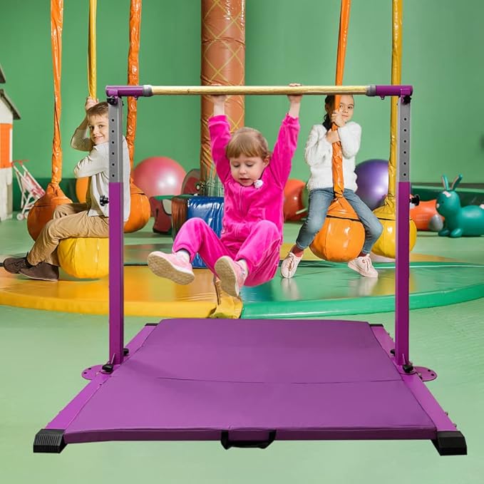 Gymnastics Bar for Kids Girls Ages 3-15 with Ring for Home Indoor Training Equipment- Steady Steel Construction, Anti-Slip, Easy to Assemble, 3' to 5' Adjustable Height