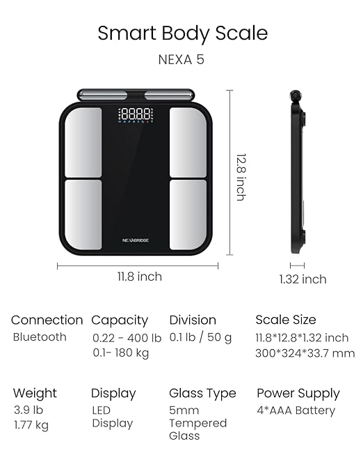8 Electrodes Smart Scale for Body Weight, BMI, Body Fat, Muscle Mass, Dual Frequency Digital Bathroom Scale, 56 Full Body Composition Analysis, Sync App, Bluetooth, 400 lbs - Nexa 5