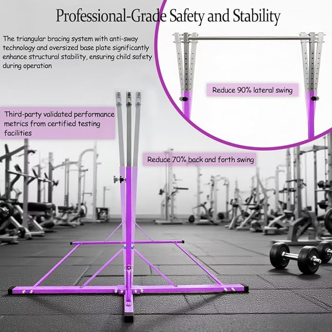 Gymnastics Bar for Kids Girls Ages 3-15 with Ring for Home Indoor Training Equipment- Steady Steel Construction, Anti-Slip, Easy to Assemble, 3' to 5' Adjustable Height