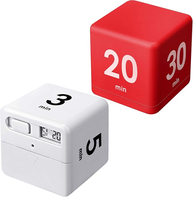 Weewooday 2 Pieces Cube Productivity Timer Flip Gravity Sensor Flip Countdown Countup Workout Timer Management 1 3 5 10 Minutes and 15 20 30 60 Minutes for Work Learning Kitchen Cooking(White, Red)