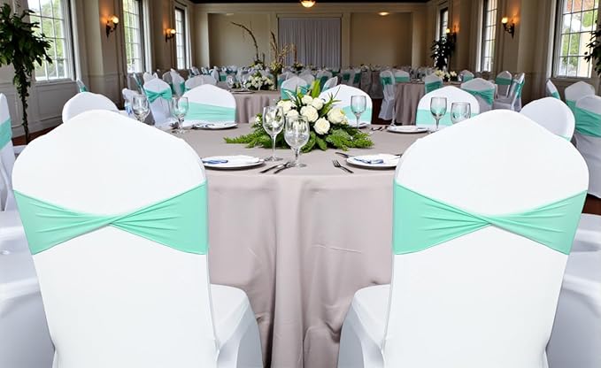 MDS Pack of 75 Spandex Chair Sashes Bows Elastic Stretch Dining Chair Bands Ties Without Slider Buckle Universal fits for Wedding Baby Shower Birthday Party Banquet Event Decoration - Sea Green