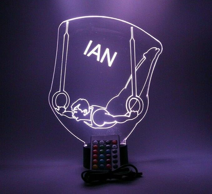 MIRROR MANIA Gymnast Night Light Up Table Lamp LED Personalized Name Free Engraved Male Boy Still Rings Gymnastics Gift - It's Wow, Comes with Remote, 16 Color Changing Options