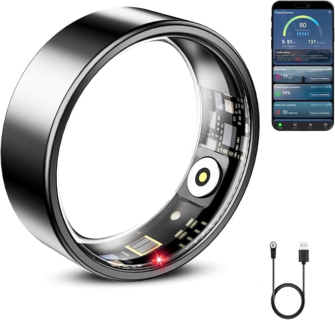 Mirlray Smart Ring for Women & Men, Smart Ring Health Tracker, Blood Oxygen & Heart Rate Monitor, Long Lasting Battery Sleep Ring, Waterproof Fitness Ring (Black, 7)