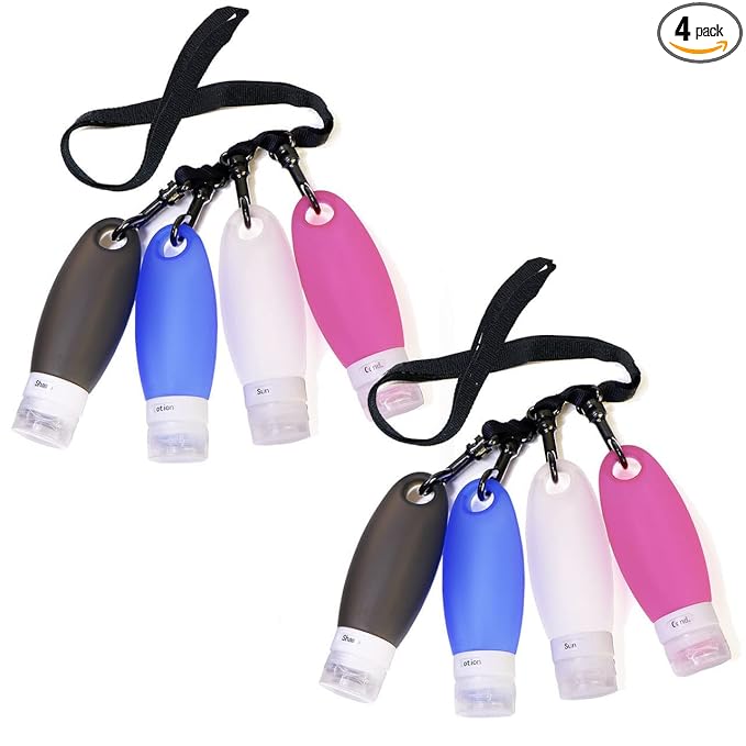 Gym Refillable Bottles Leak Proof Camping Travel Containers with Shower Lanyard,3.3oz TSA Approved Squeezable Silicone Travel Tube Set for Gym Shampoo Lotion Soap