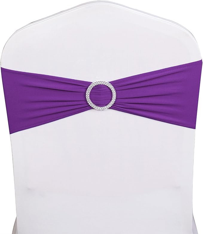 Spandex Purple Chair Sashes 100 Pack Wedding Chair Bands with Buckles Chairs Bows for Party Birthday Bridal Shower Engagement Anniversary Outdoor Events Decorations