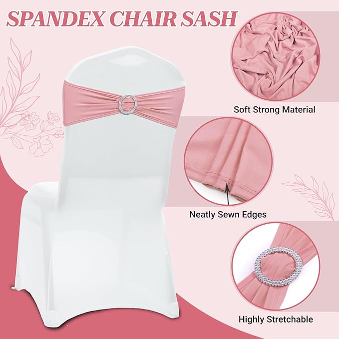 VDS - Dusty Rose | Spandex Chair Sashes Bows | 250 PCS | Stretch Elastic Banquet Universal Folding Chair Band Tie with Silver Buckle Slider for Wedding Party Conference Celebration Event Decoration