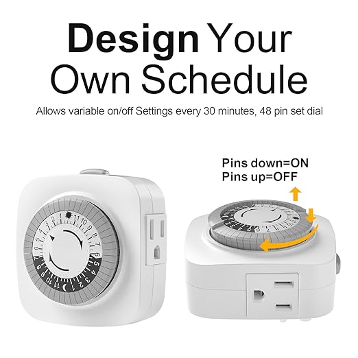 24 Hour Indoor Mechanical Timer with 2 Ground 3 Plug Socket Timer，30 min Daily on/Off Cycle for Lamps, Christmas Tree Lights, ETL Certified, White，2 Pack