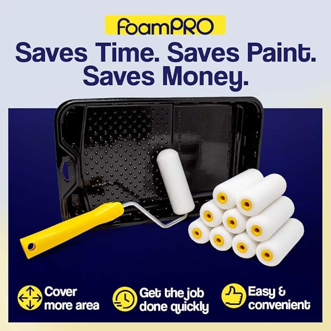 FoamPRO 4” Fine Finish Paint Roller Kit | 1 Plastic Paint Tray, 1 Roller Handle, 10 Foam Rollers | Mini Foam Roller Kit w/Roller Pan | Home Painting Supplies & Paint Tools, Multicolor, 164 (164KIT)