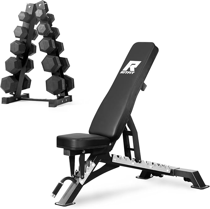 RitFit Rubber Coated Hex Dumbbell Set with Rack, 5-780LB for Home Gym Strength Training, Anti-Slip Knurled Handle, Hexagon Anti-Roll, Heavy-Duty Storage Rack
