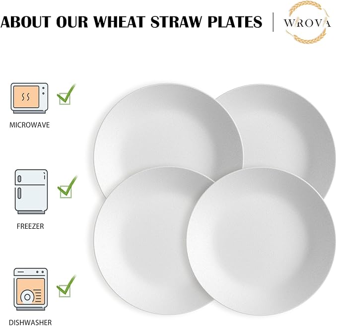 Wrova Wheat Straw Dinner Plates 10 Inch Unbreakable Set of 8 - Dishwasher & Microwave Safe Plastic Plates Reusable - Lightweight Plates for kitchen,camping,picnic,R.V. - White