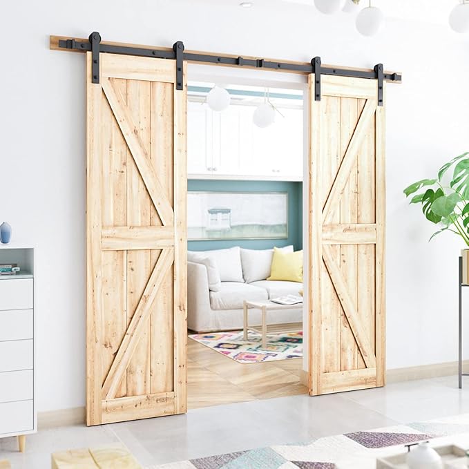 SMARTSTANDARD 9FT Heavy Duty Double Door Sliding Barn Door Hardware Kit,Smoothly and Quietly-Easy to Install-Includes Step-by-Step Installation Instruction Fit 27" Wide Door Panel