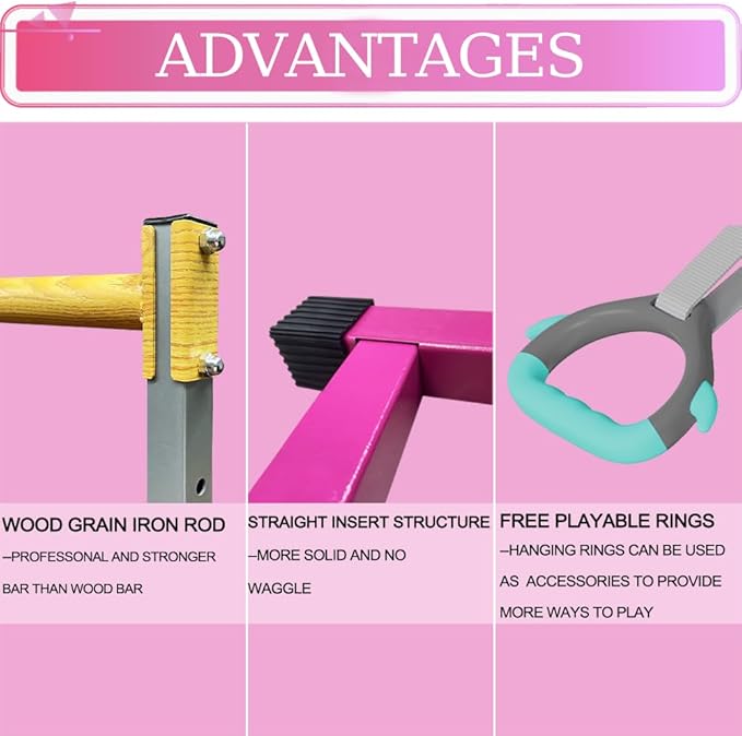 GLANT Gymnastics Bar for Kids with Rings Set, 7 Heights Adjustable Easy Folding Gymnastic Training Bar Kids Monkey Horizontal Bars - Max Load 300LBS
