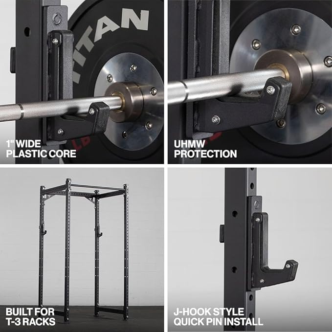 Titan Fitness T-3 Series Power Rack Sandwich J-Hooks, 1000 LB Rackable Capacity, Fits 2" x 3" Rack Uprights with 11/16" Holes, UHMW Protective Liners, Barbell Holder for Squat & Bench Press