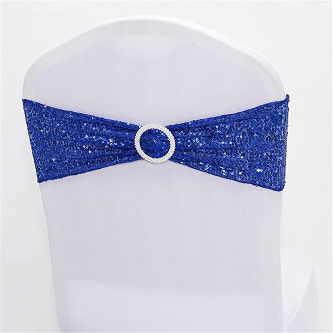 Dimatic 25 PCS Stretch Sequin Chair Sashes Chair Stretchy Spandex Bands for Wedding Reception Events Banquets Chairs Decoration (Blue)