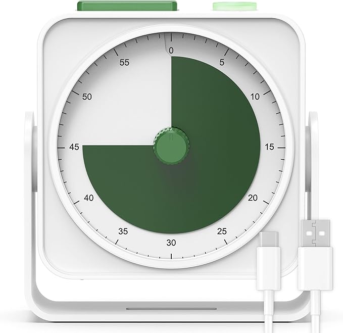 Rechargeable Visual Timer 60-Minute for Classroom Countdown Stopwatch Timer, w/Adjustable Stand for Homeschool Supplies Study Time Management Tool, for Desk Office Work Meetings, Mute Function, White