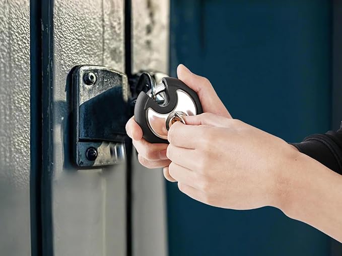 DAYGOS Outdoor Padlock for Storage Unit, Waterproof Stainless Steel Disc Lock with Rubber Bumper for Sheds,Gate and Fence, Heavy Duty Keyed Pad Lock (3/8-Inch Shackle)
