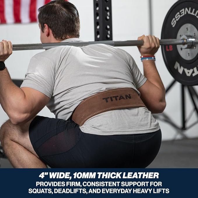 Titan Fitness MAXXUM Weightlifting Belt, 4" Wide x 10mm Thick Vegetable-Tanned Leather, Adjustable Single Prong Buckle for Powerlifting, Deadlifts, Weight Training & Bodybuilding