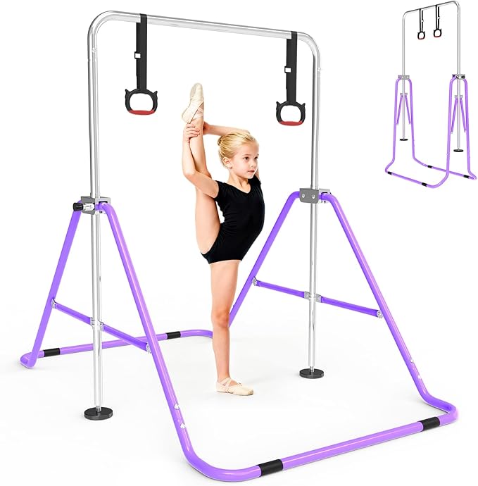 Gymnastics Bar for Kids with Gymnastics Rings, Height Adjustable Gymnastics Horizontal Bar, Foldable Bar Gymnastics Equipment for Home Room Indoor Outdoor Gym Practics, Gymnastic Bar