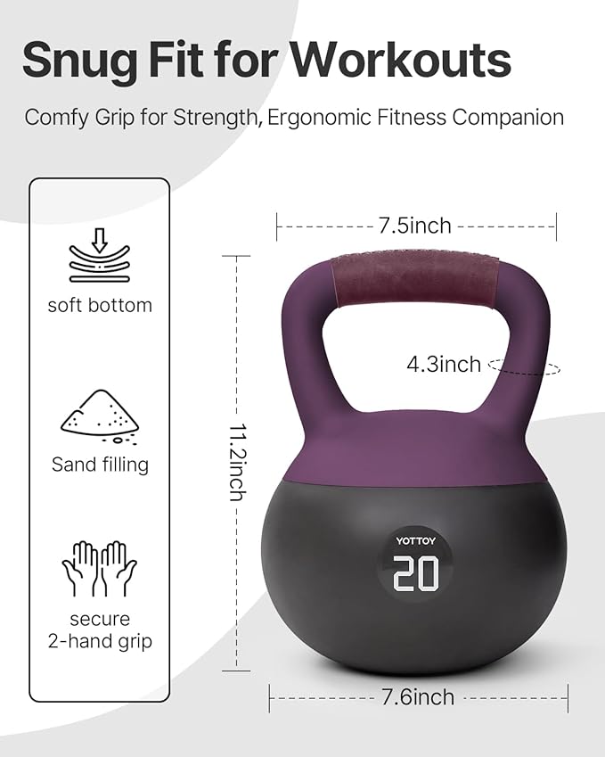 YOTTOY Soft Kettlebell with Leather Handle – Anti-Slip Sweat-Absorbing Grip, Home Gym Kettlebell Weights for Strength Training, Safe Neoprene Kettlebell for Women & Men