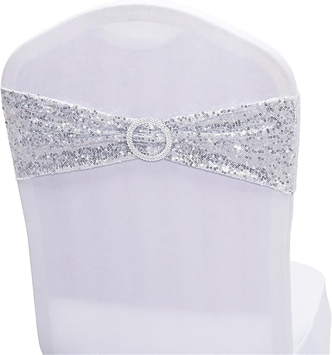 Dimatic 50 PCS Stretch Sequin Chair Sashes Chair Stretchy Spandex Bands for Wedding Reception Events Banquets Chairs Decoration (Silver)