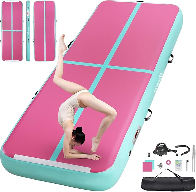 FBSPORT Inflatable Air Gymnastics Mat Training Mats 4/8 inches Thickness Gymnastics Tracks for Home Use/Training/Cheerleading/Yoga/Water with Pump