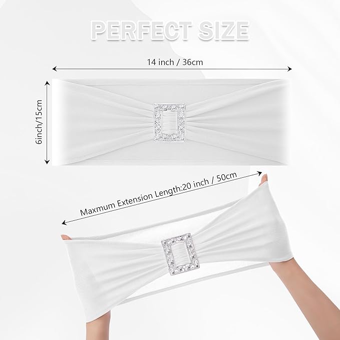 Joccun 60 PCS Spandex Chair Sashes Bows Stretch Chair Cover Band with Buckle Slider Universal Elastic Chair Ties for Wedding Banquet Party Event Decoration (White)