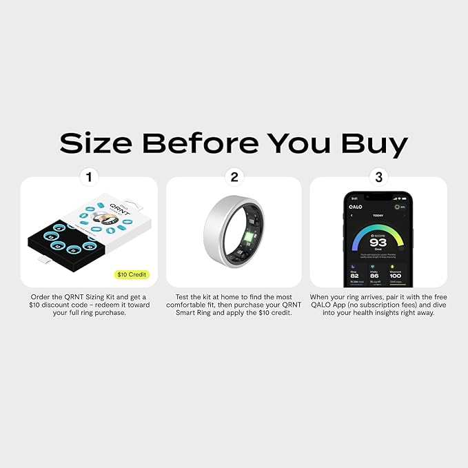 QALO QRNT Smart Ring – Snug Fit – Size Up – Water-Resistant Titanium Fitness Tracker, Tracking for Sleep, Steps, HRV, SpO2 – No Subscription, iOS Android App – Includes 2 Silicone Covers (Silver, 08)
