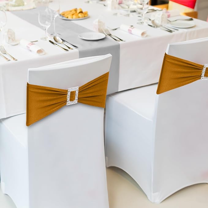 Joccun 120 PCS Spandex Chair Sashes Bows Stretch Chair Cover Band with Buckle Slider Universal Elastic Chair Ties for Wedding Banquet Party Event Decoration (Gold)