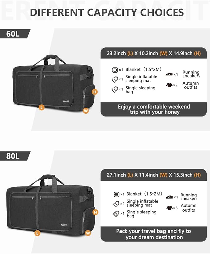 Gonex Large Foldable Travel Duffle Bag with Shoes Compartment, Packable Lightweight Water Repellent Duffel Bag for Camping Gym Weekender Bag