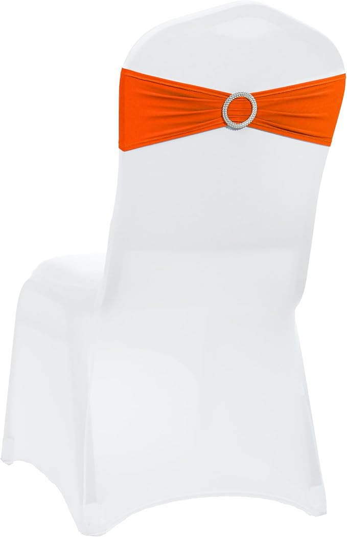 VDS - Orange | Spandex Chair Sashes Bows | 125 PCS | Stretch Elastic Banquet Universal Folding Chair Band Tie with Silver Buckle Slider for Wedding Party Conference Celebration Event Decoration