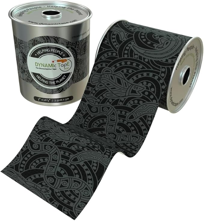 Dynamic Tape Eco - Elastic Athletic Tape Made from Recycled Materials | 4Way Biomechanical Stretch & Stronger Recoil Than Kinesiology Tape | for Sports, Muscle & Joint Load MGMT | 3” (Grey/Black)