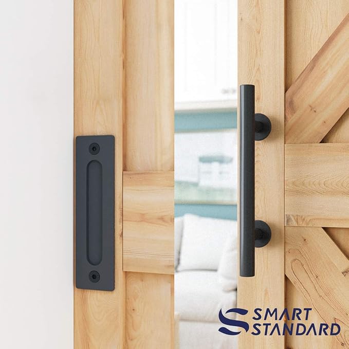 SMARTSTANDARD 6 FT Heavy Duty Sturdy Sliding Barn Door Hardware Kit, Black, (Whole Set Includes 1x Pull Handle Set & 1x Floor Guide) Fit 34''-36" Wide Door Panel (I Shape Hanger)