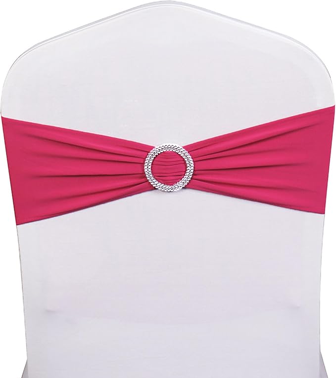 100 Pack Spandex Hot Pink Chair Sashes for Wedding - Stretch Fuchsia Chair Bows Sash Bands with Buckle for Party Birthday Banquets Bridal Baby Shower Events Decorations
