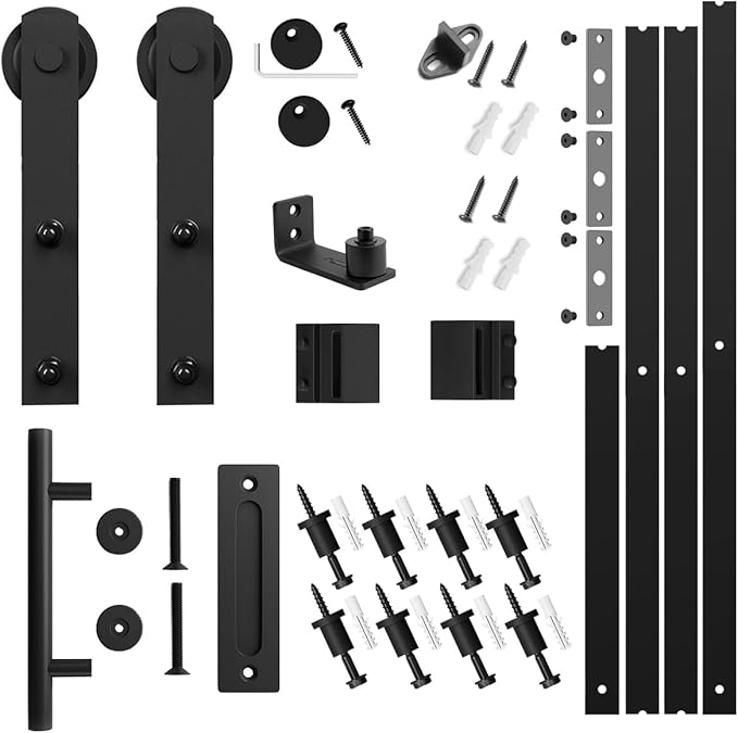 SMARTSTANDARD 11 FT Heavy Duty Sturdy Sliding Barn Door Hardware Kit, Black, (Whole Set Includes 1x Pull Handle Set & 1x Floor Guide) Fit 66" Wide Door Panel (I Shape Hanger)