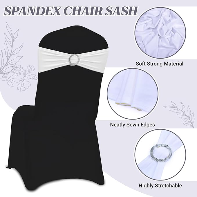 MDS Pack of 10 Spandex Chair Sashes Bow Premium Stretch Chair Cover Band with Buckle Slider Universal fits Elastic Dining Chair Ties for Wedding Party Banquet Events Decoration - White