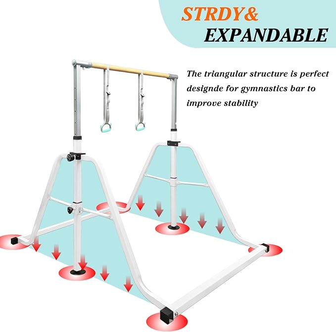 Foldable & Moveable Gymnastics Horizontal Bar with Rings,3’to 5’Adjustable Height Expandable Junior Kip Bar for Home,Indoor Gym Equipment for Kids