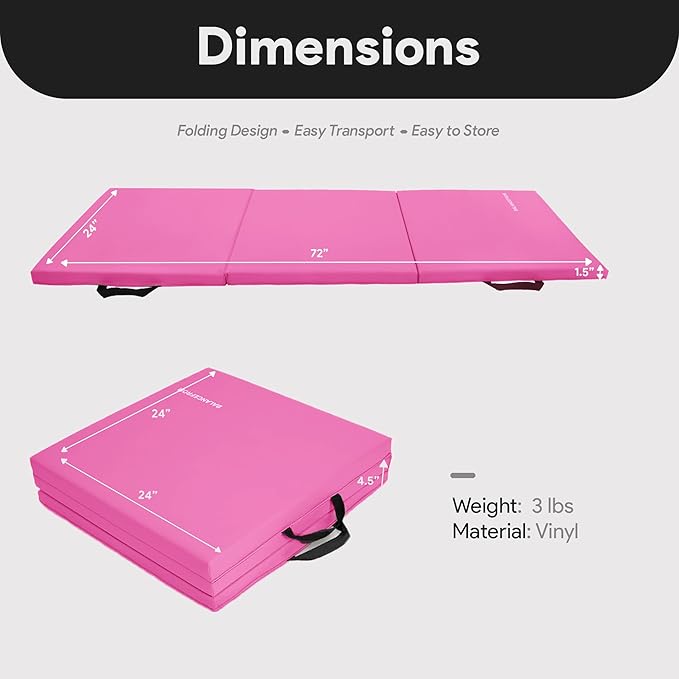 BalanceFrom 6x2 Feet 3-Panel Folding Gymnastics Mat – 1.5-Inch Thick Pad with Vinyl Surface and Carrying Handles for Tumbling, Yoga, Pilates, Home Workouts, and Martial Arts