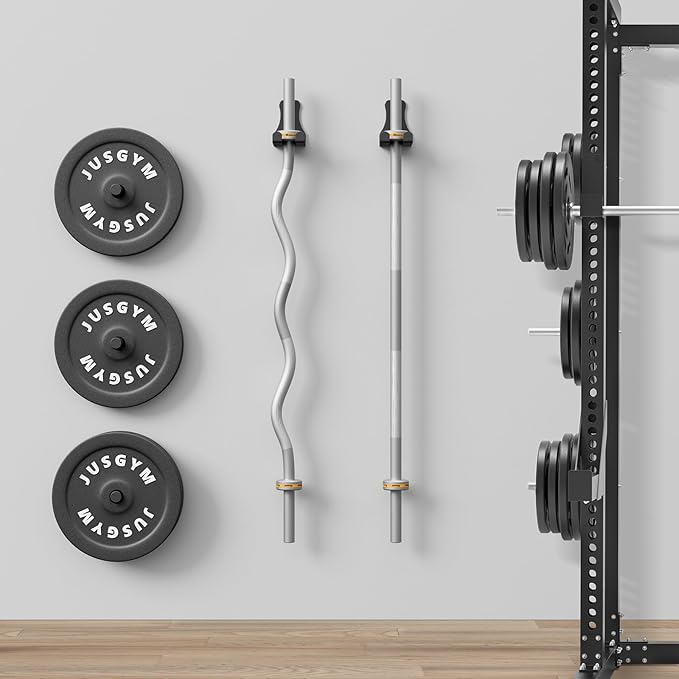 Jusgym Barbell Wall Holder, Durable Olympic Barbell Hanger with Protective Pad, Space Saving Barbell Holder for Squat Rack, Home Gym and Garage, Holds Under 33mm Bar Size