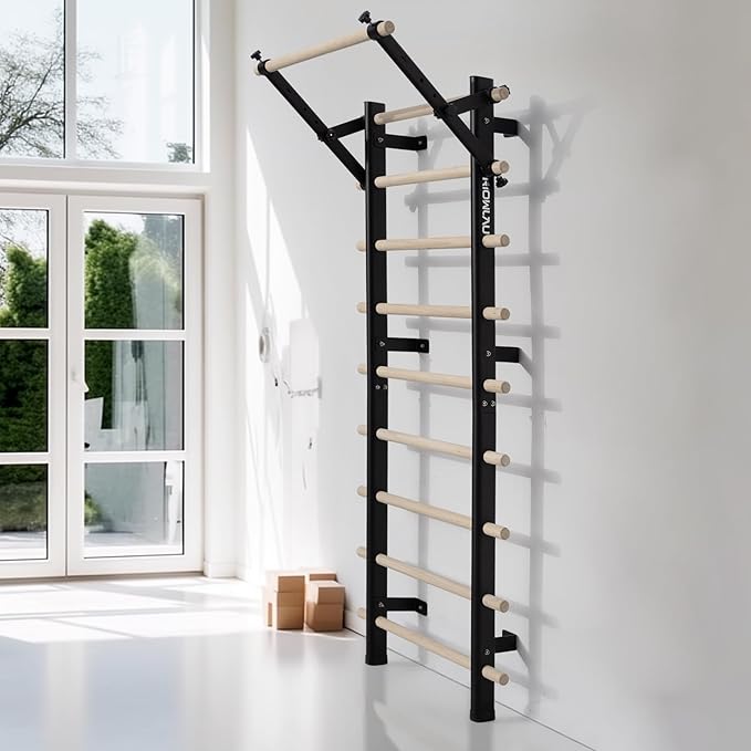 Swedish Ladder, Wood Stall Bar with Suspension Trainer Straps, Pull-Up Dip Bar Attachment, Strategic Rods, for Home, School, hysical Therapy and Gymnastics