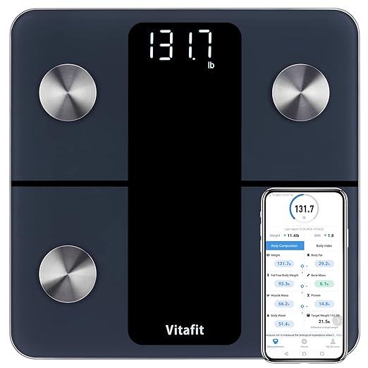 Vitafit Smart Scale for Body Weight, High Accuracy 0.1lb by Our Professional Factory Since 2001, Weight Scale App Sync 13 Body Composition with BMI, Body Fat and Muscle, 400lb, LED, Black