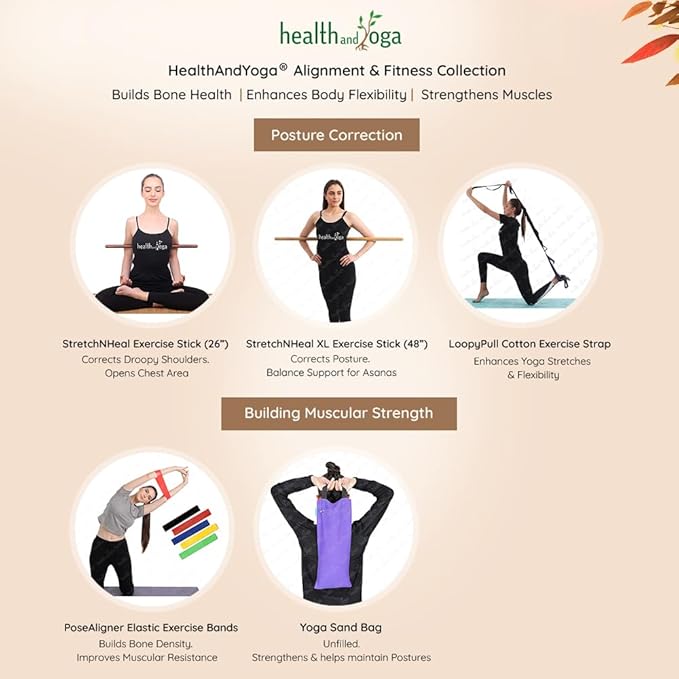 HealthAndYoga™ StretchNHeal Collapsible Multi-Use Wooden Yoga Stick - Regular and XL - Portable Posture Corrector Pole, Stretch Mobility Stick, Physical Workout Exercise Dowel
