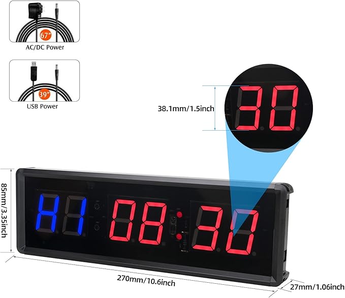 Gym Timer 1.5" LED Interval Timer Workout Timer Clock Stopwatch Timer Count Down/Up with Remote, Home Gym Garage Fitness with Buzzer,Digital Interval Training Timer for Classroom and Outdoor